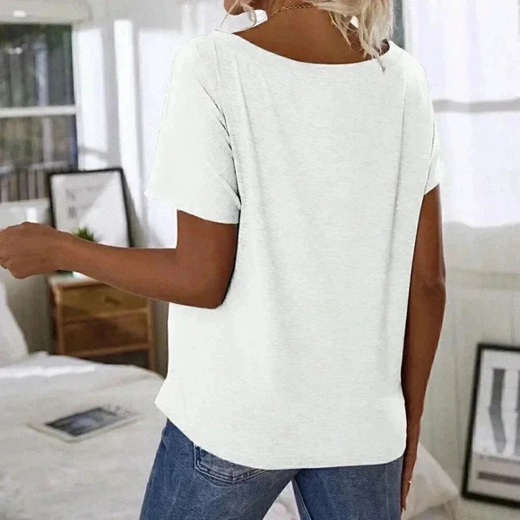 White Casual Women's  Solid Color Asymmetric Neck Batwing Short Sleeve T-Shirt - Picture 2 of 6
